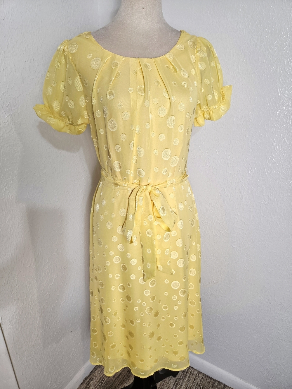 NY Collection Yellow Swiss Dot Tie-Waist Dress, Short Puff Sleeves, Size PM, NWT - Picture 3 of 14